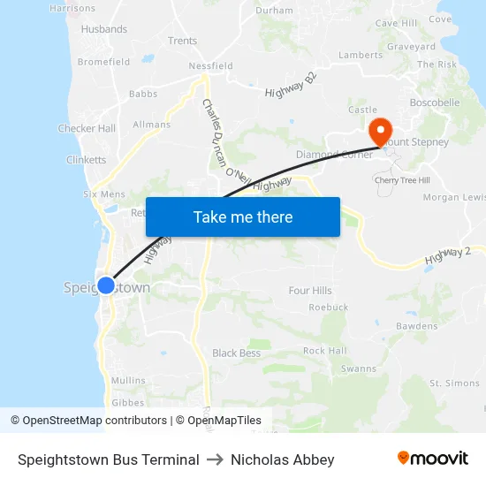 Speightstown Bus Terminal to Nicholas Abbey map