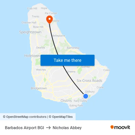 Barbados Airport BGI to Nicholas Abbey map