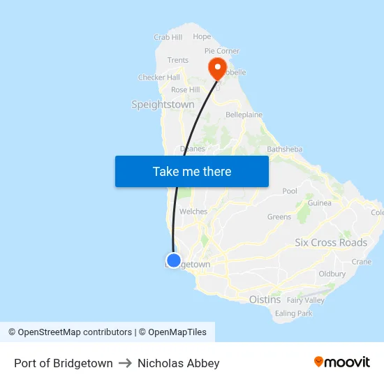 Port of Bridgetown to Nicholas Abbey map