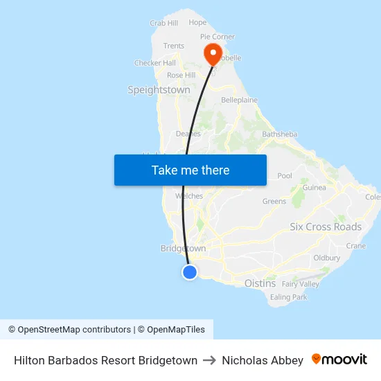 Hilton Barbados Resort Bridgetown to Nicholas Abbey map