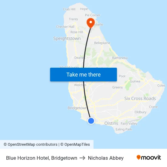Blue Horizon Hotel, Bridgetown to Nicholas Abbey map