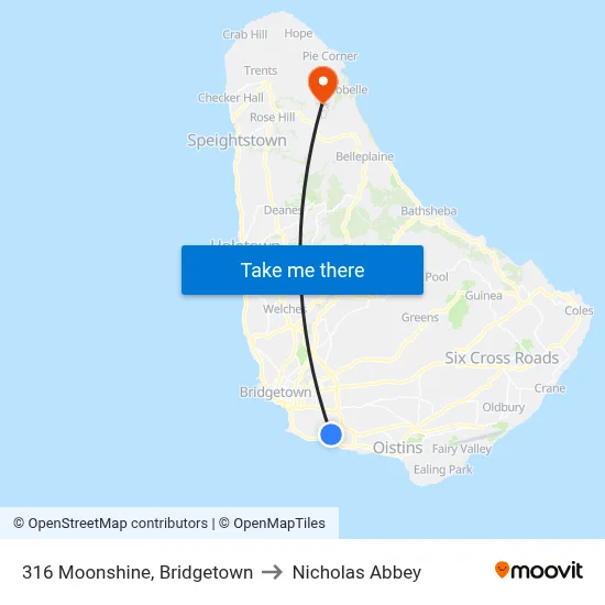316 Moonshine, Bridgetown to Nicholas Abbey map
