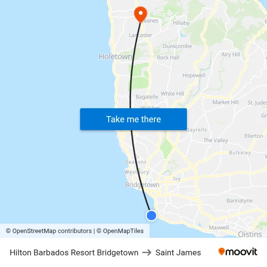 Hilton Barbados Resort Bridgetown to Saint James map