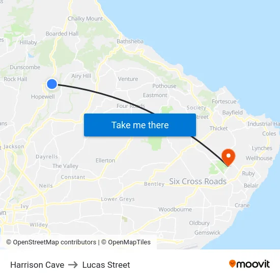 Harrison Cave to Lucas Street map