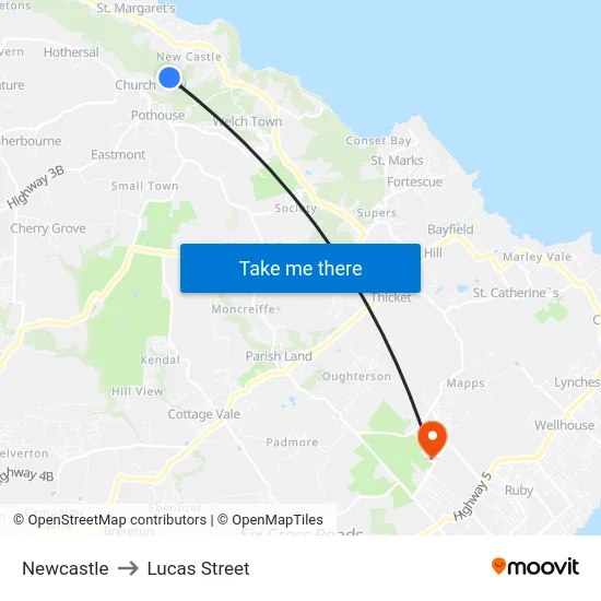 Newcastle to Lucas Street map