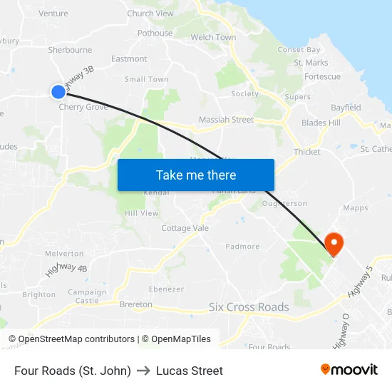 Four Roads (St. John) to Lucas Street map