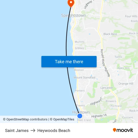 Saint James to Heywoods Beach map