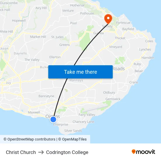 Christ Church to Codrington College map