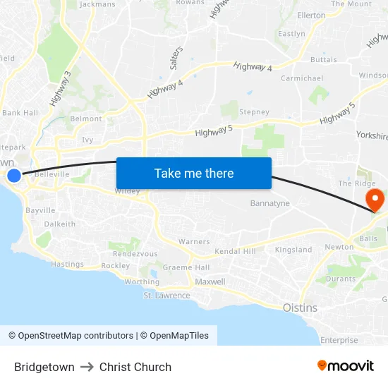 Bridgetown to Christ Church map