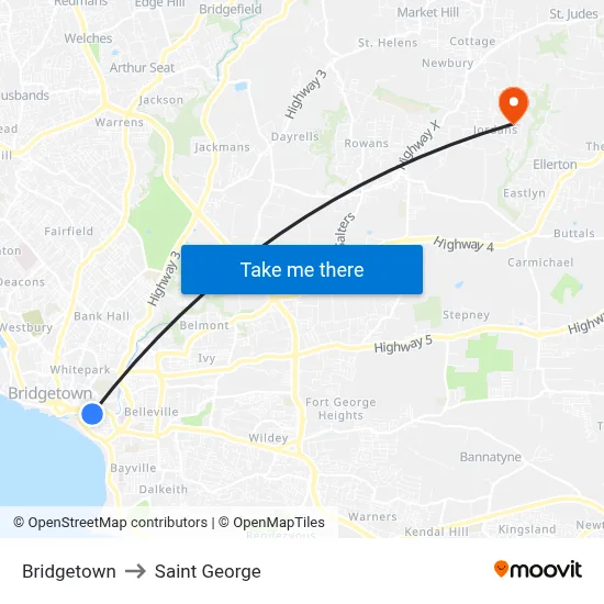 Bridgetown to Saint George map