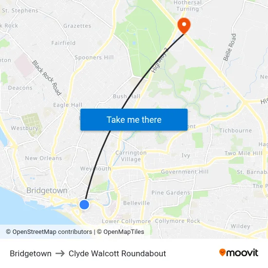 Bridgetown to Clyde Walcott Roundabout map