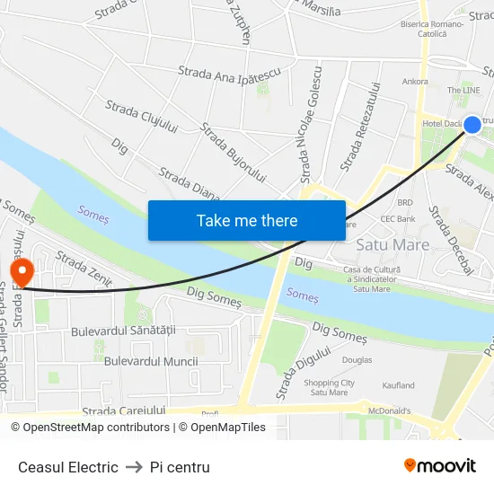 Ceasul Electric to Pi centru map