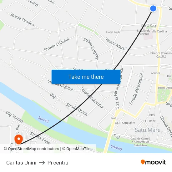 Caritas Unirii to Pi centru map
