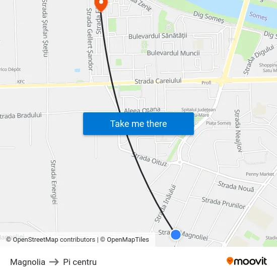 Magnolia to Pi centru map