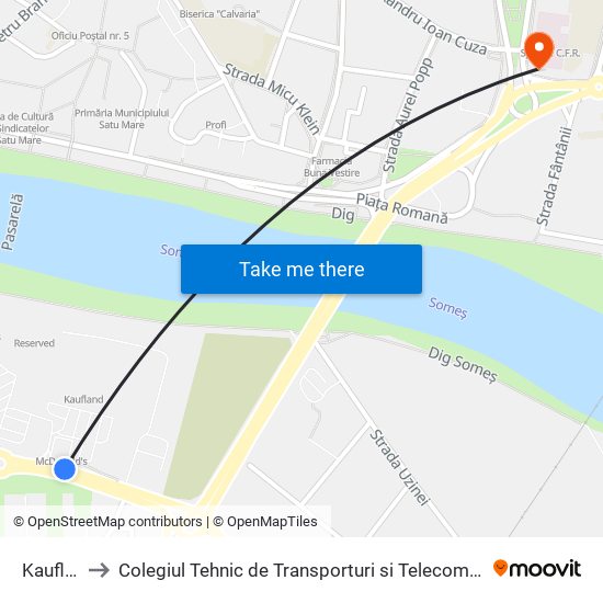 Kaufland to Colegiul Tehnic de Transporturi si Telecomunicatii Ion I.C map