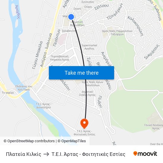 Πλατεία Κιλκίς to Τ.Ε.Ι. Άρτας - Φοιτητικές Εστίες map