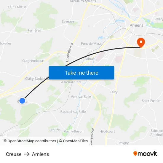 Creuse to Amiens map