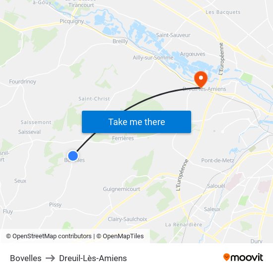 Bovelles to Dreuil-Lès-Amiens map