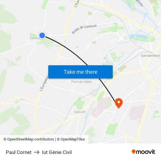 Paul Cornet to Iut Génie Civil map