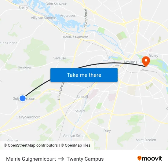 Mairie Guignemicourt to Twenty Campus map