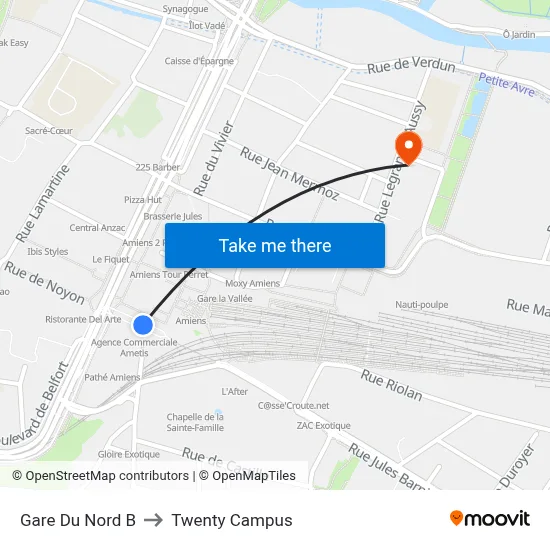 Gare Du Nord B to Twenty Campus map