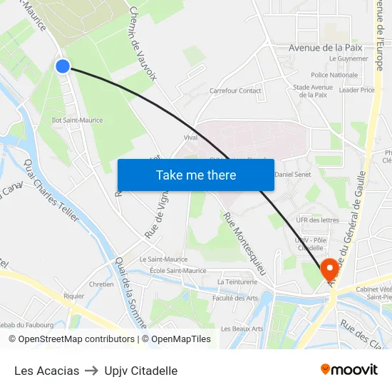 Les Acacias to Upjv Citadelle map