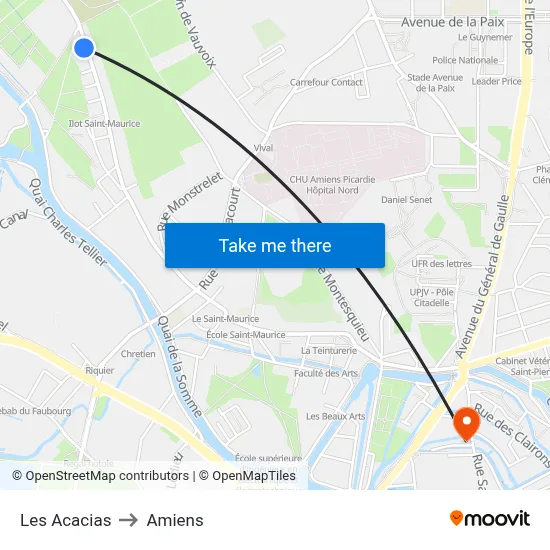 Les Acacias to Amiens map