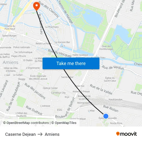 Caserne Dejean to Amiens map