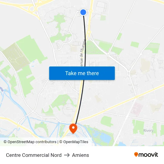 Centre Commercial Nord to Amiens map