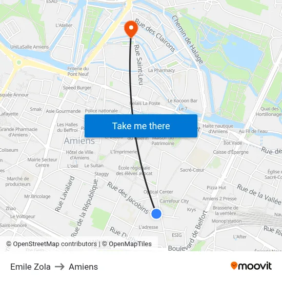 Emile Zola to Amiens map