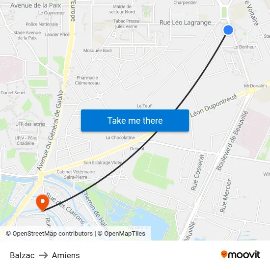 Balzac to Amiens map