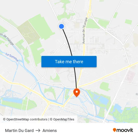 Martin Du Gard to Amiens map