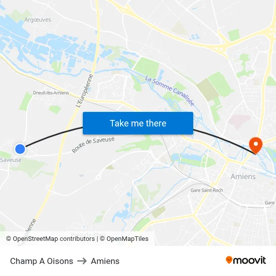 Champ A Oisons to Amiens map