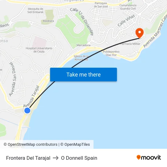 Frontera Del Tarajal to O Donnell Spain map