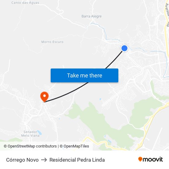 Córrego Novo to Residencial Pedra Linda map