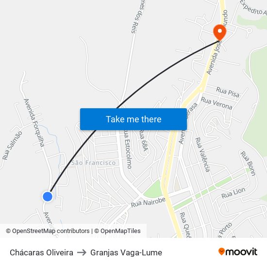 Chácaras Oliveira to Granjas Vaga-Lume map