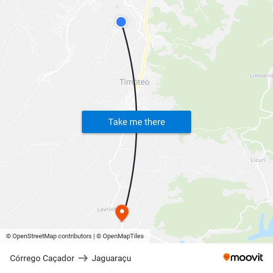 Córrego Caçador to Jaguaraçu map