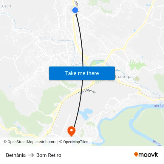 Bethânia to Bom Retiro map