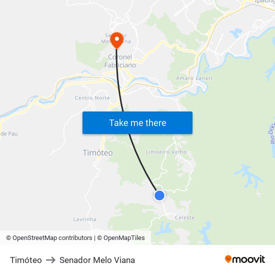 Timóteo to Senador Melo Viana map