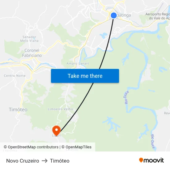 Novo Cruzeiro to Timóteo map