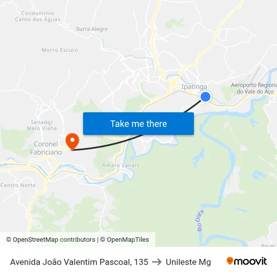 Avenida João Valentim Pascoal, 135 to Unileste Mg map