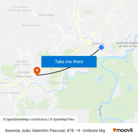 Avenida João Valentim Pascoal, 478 to Unileste Mg map