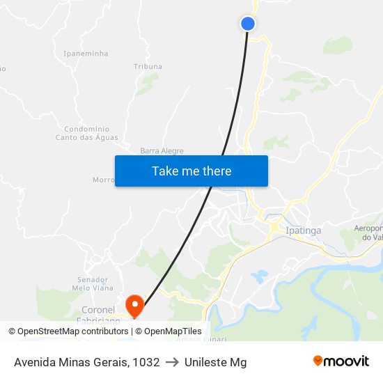 Avenida Minas Gerais, 1032 to Unileste Mg map