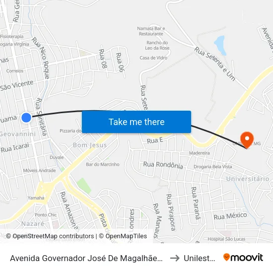 Avenida Governador José De Magalhães Pinto, 1019 to Unileste Mg map