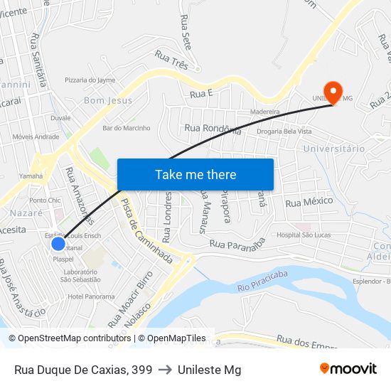 Rua Duque De Caxias, 399 to Unileste Mg map