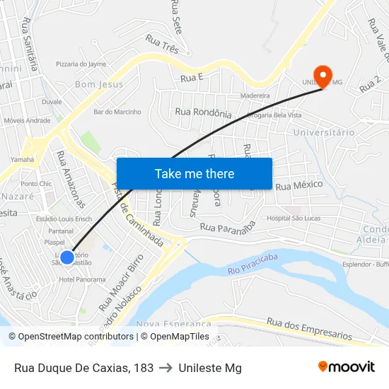 Rua Duque De Caxias, 183 to Unileste Mg map