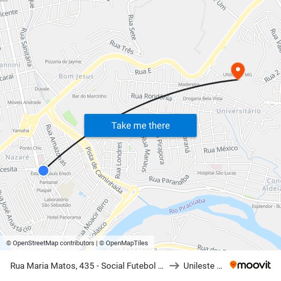 Rua Maria Matos, 435 - Social Futebol Clube to Unileste Mg map
