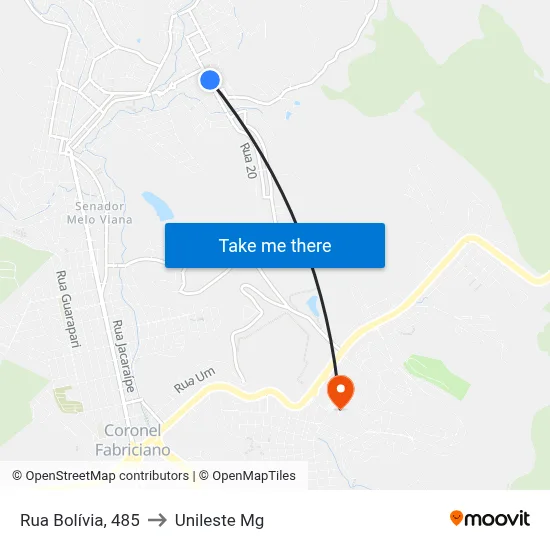 Rua Bolívia, 485 to Unileste Mg map