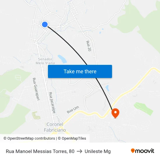 Rua Manoel Messias Torres, 80 to Unileste Mg map