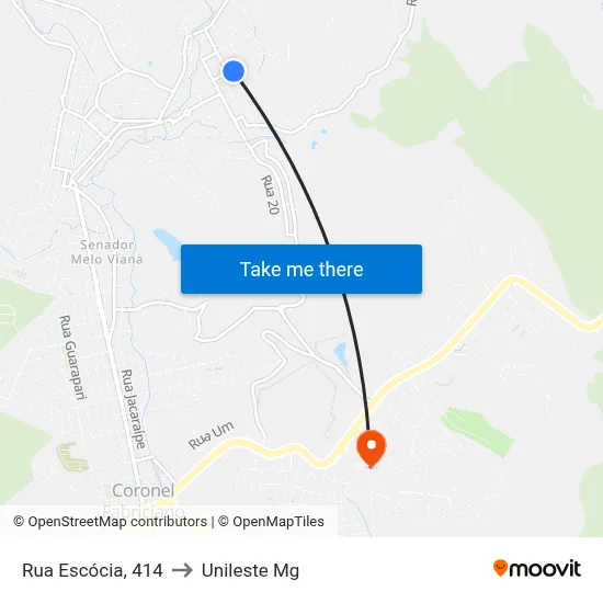 Rua Escócia, 414 to Unileste Mg map